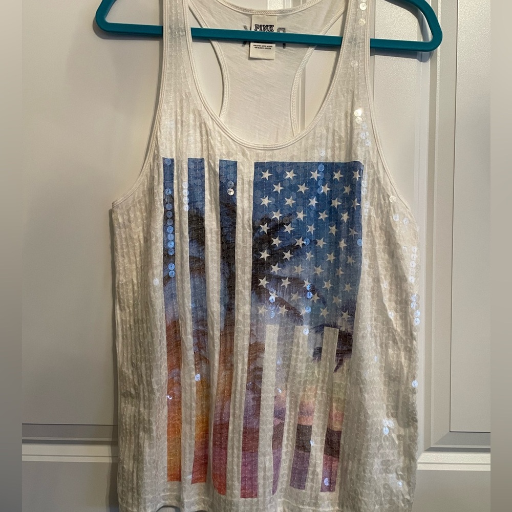 Victoria’s Secret Pink Sequin American Flag Palm Tree Racerback Tank - M Medium